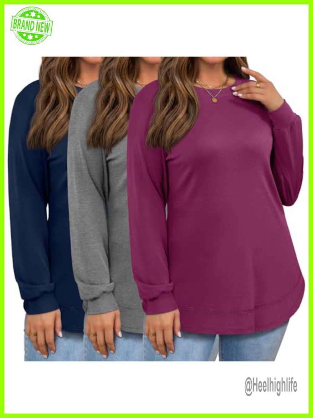 3 Pack Plus Size Cotton Blend Sweatshirts Curved Hem Long Sleeve Tunic Tops